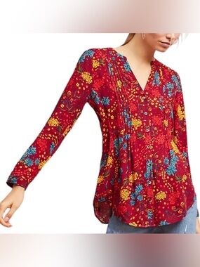 Anthropologie Maeve Red Floral Button-Front Tunic Blue Yellow Size Medium